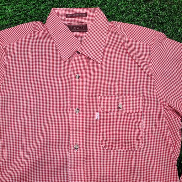 Vintage Levis Red Gingham Check Shirt Mens M (Slim Fit) 16.5 90s Plaid Western - Picture 2 of 6